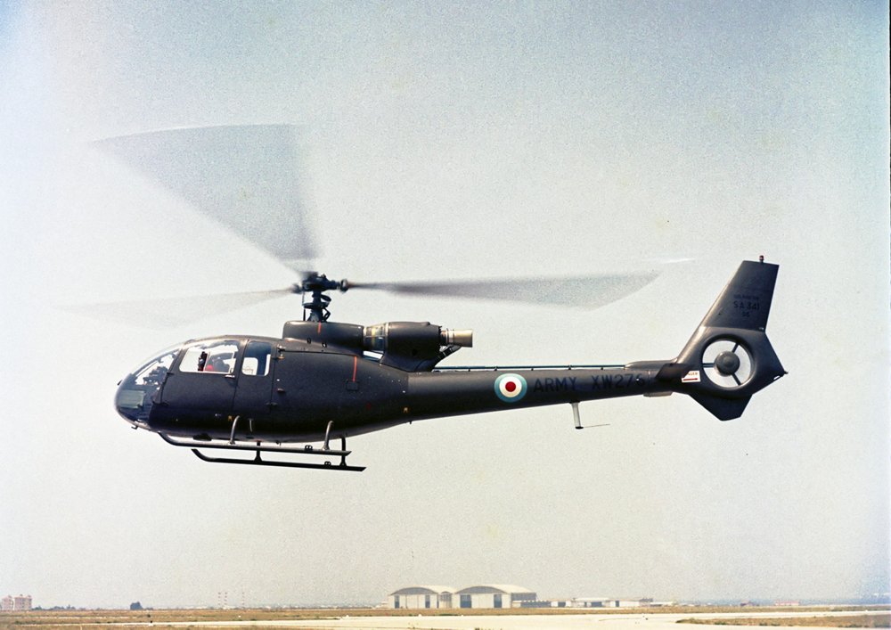 The SA 341 Gazelle helicopter, integrating a Fenestron shrouded tail rotor, lifts off in 1968.   