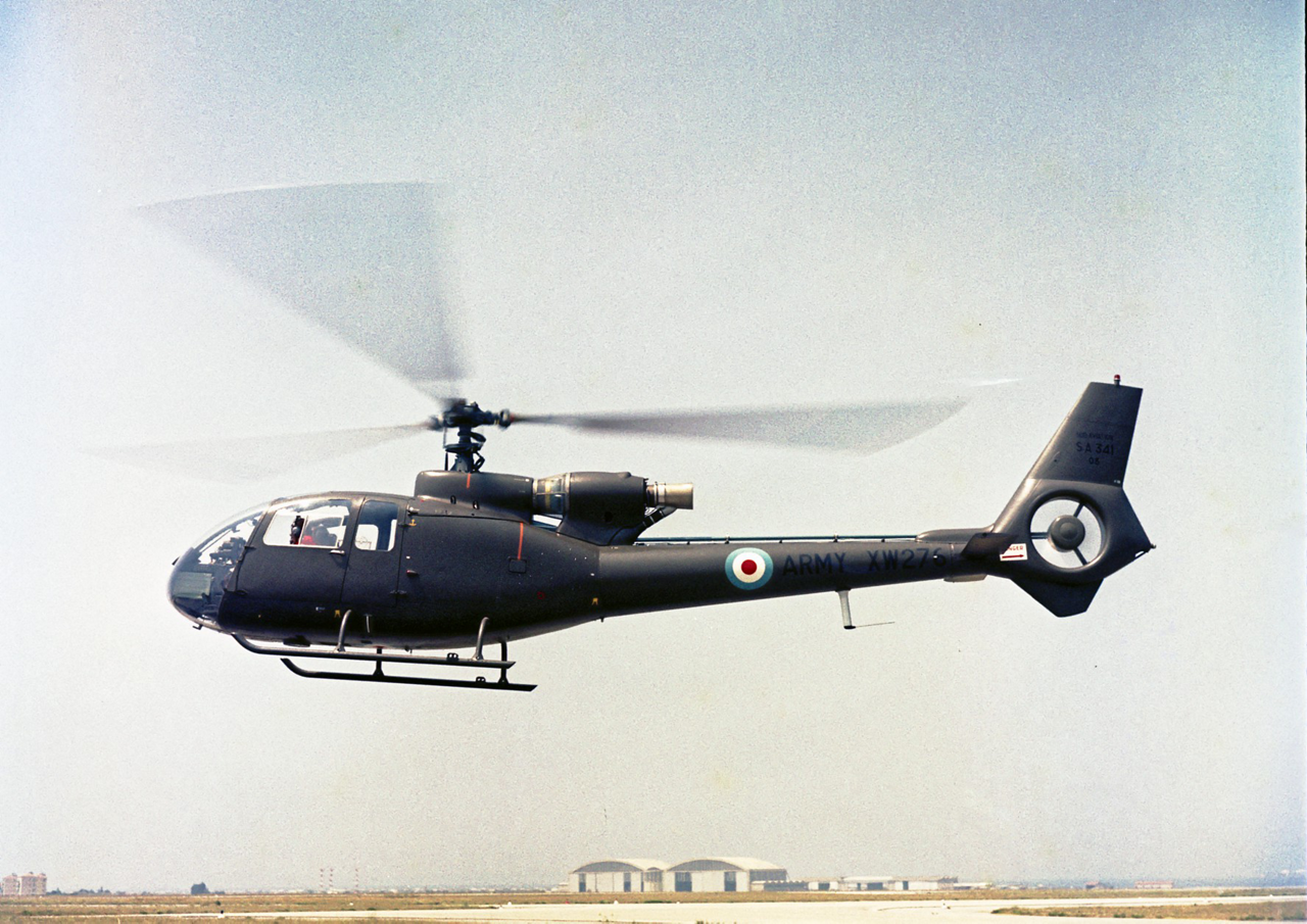 The first helicopter equipped with a Fenestron shrouded tail rotor, the Gazelle SA341, is shown during its maiden flight in 1968.