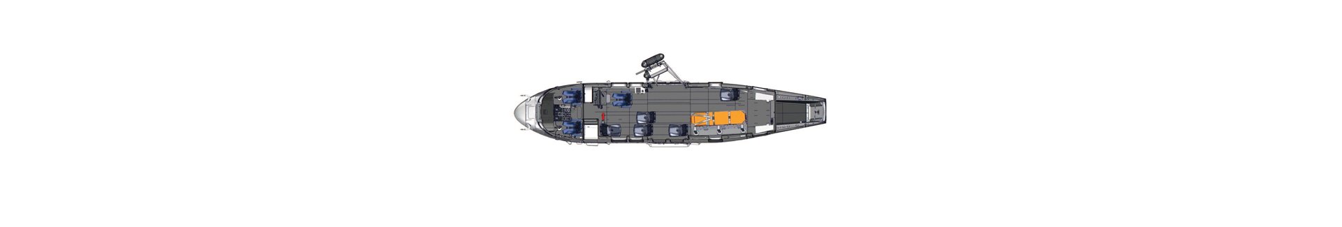 Diagram of an Airbus H225 helicopter cabin configured for search and rescue (SAR) operations. 