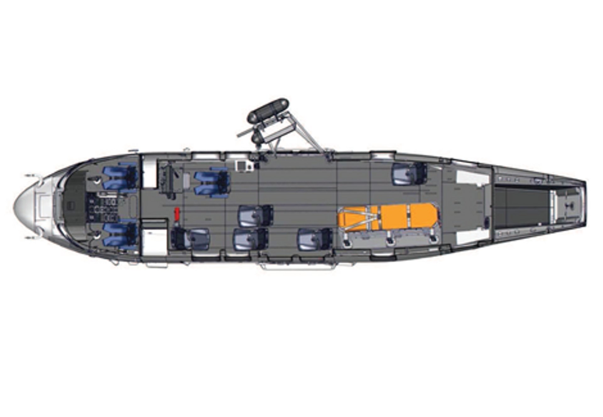 Diagram of an Airbus H225 helicopter cabin configured for search and rescue (SAR) operations.