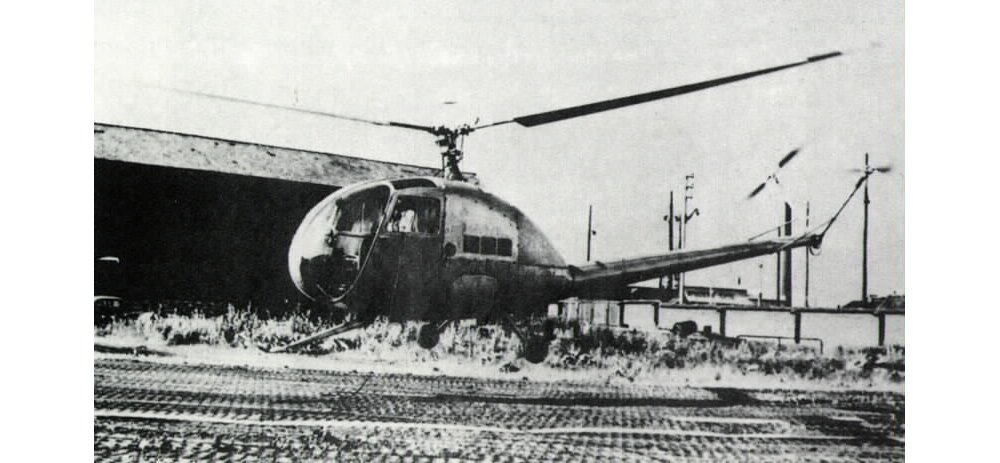 An SE3110 helicopter is shown outside the facility at La Courneuve, France in 1950. 