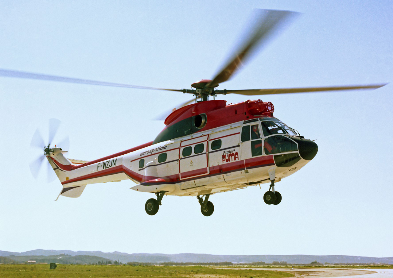 The Airbus AS332 Super Puma helicopter is shown during its maiden flight in 1978.