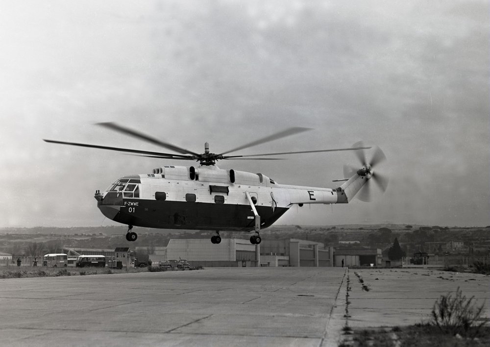 An SA 321 Super Frelon helicopter lifts off from Marignane, France.  