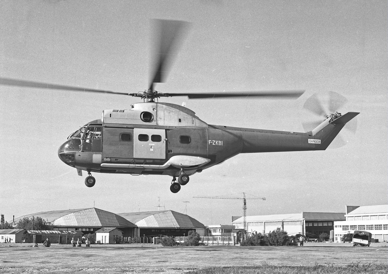 Historical photo of the SA330 Puma helicopter’s first flight in 1965.
