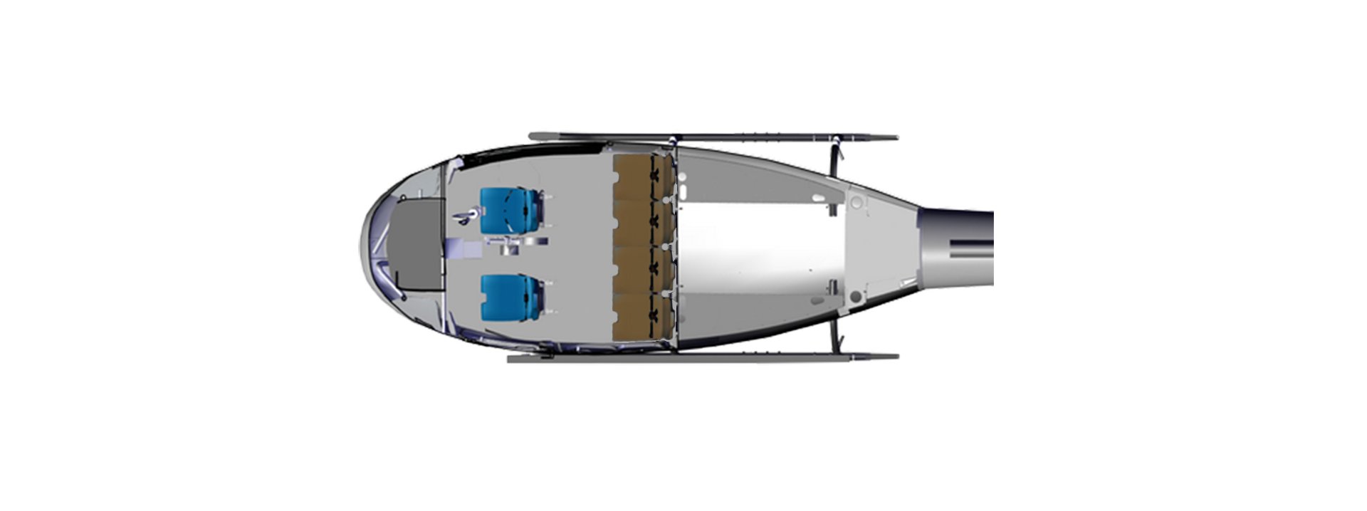 An Airbus H125 helicopter cabin configuration with one pilot and five passengers