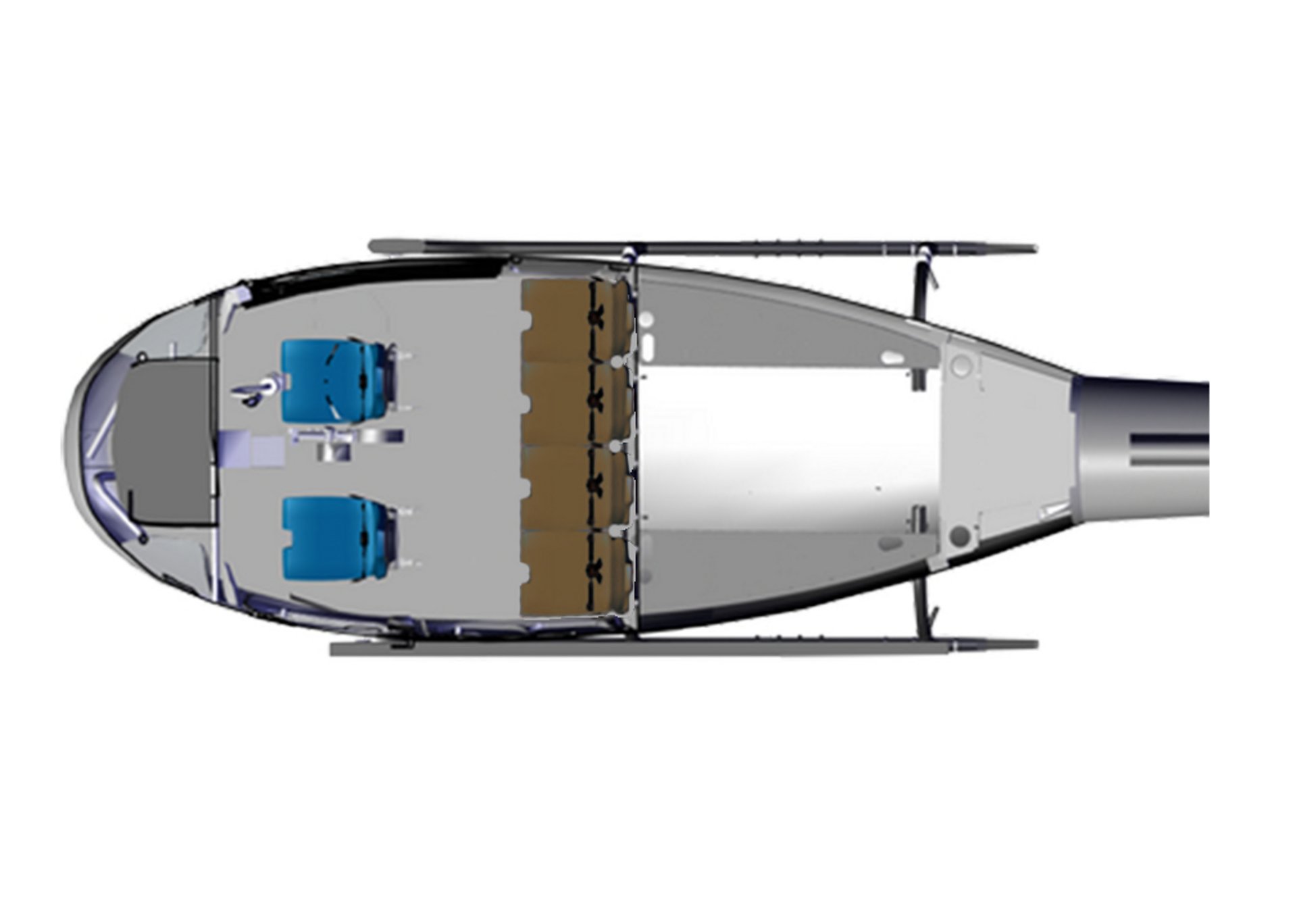 An Airbus H125 helicopter cabin configuration with one pilot and five passengers