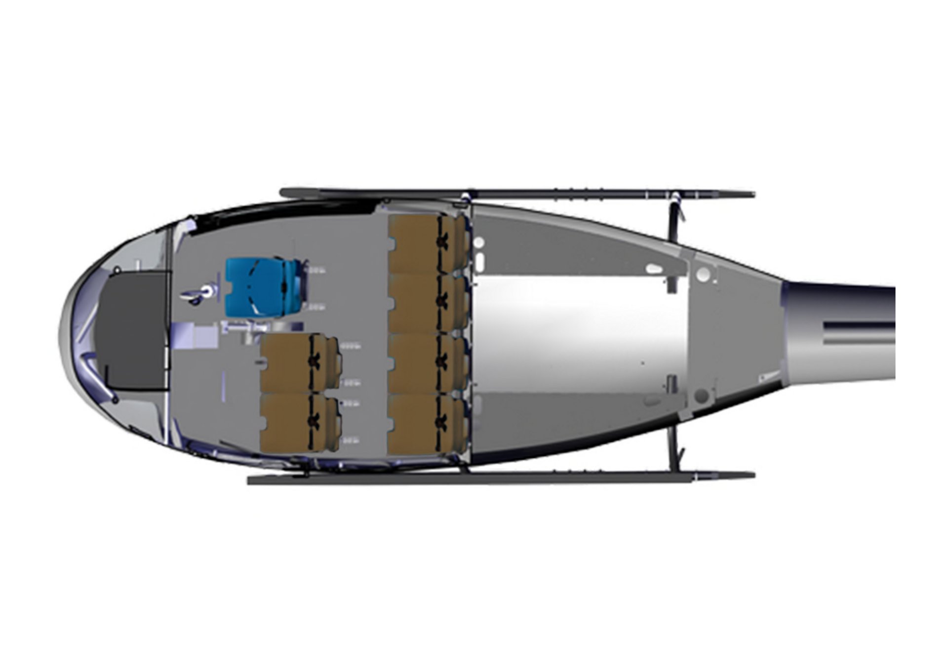 The Airbus H125 helicopter’s six-passenger cabin configuration, often used by tourism and sightseeing operators