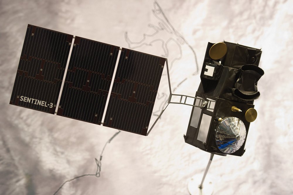 A representation of the Airbus-produced Sentinel-3 Earth observation satellite, designed to monitor oceans and vegetation.  