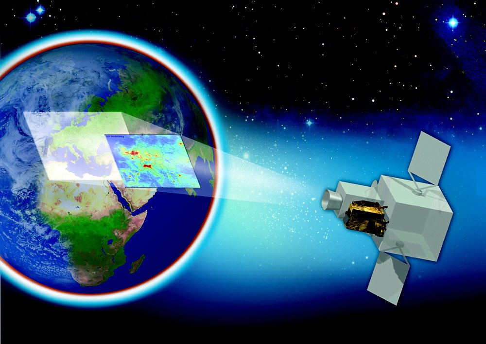 The Sentinel-4 Earth observation satellite, produced by Airbus, is depicted in orbit in this diagram.  