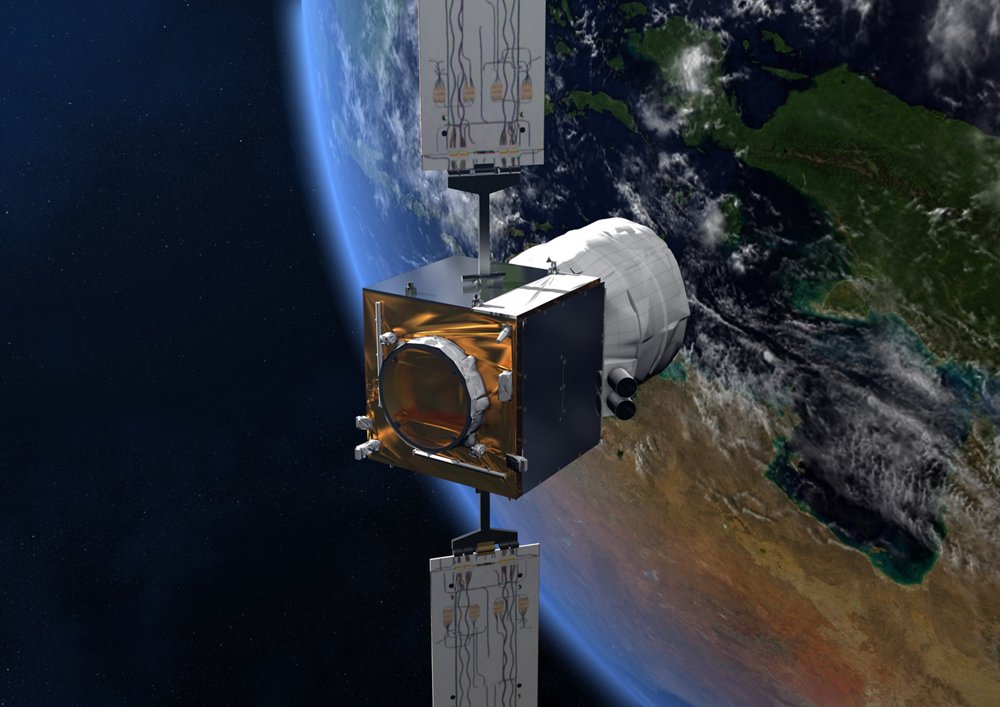 A computer rendering of Aeolus, the Airbus-produced Earth explorer satellite launched in 2018 to provide global observations of three-dimensional wind fields.  