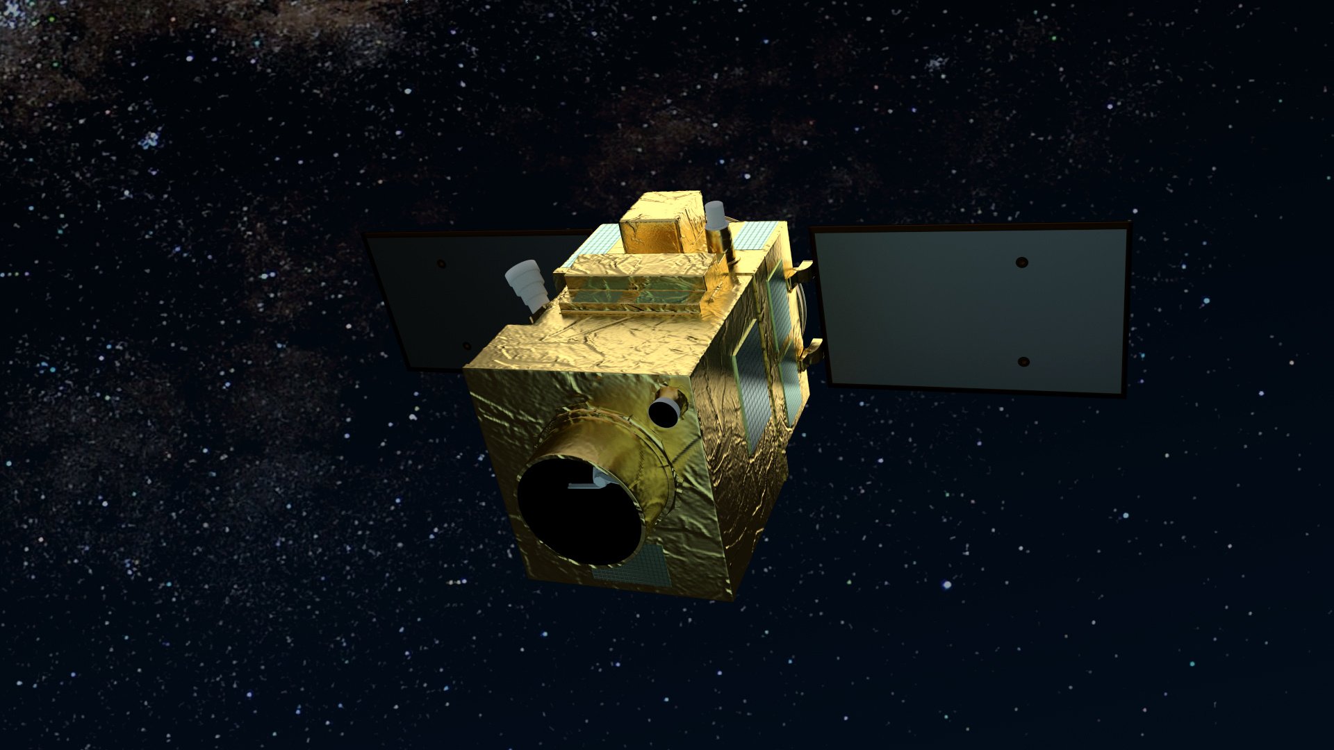 A computer rendering of the Airbus-produced PerúSAT-1 very-high-resolution Earth observation satellite in orbit.  