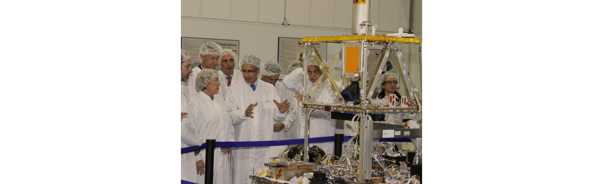 The SSOT (Sistema Satelital de Observación de la Tierra) Earth observation satellite, built by Airbus for Chile, is shown in the clean room during integration.  