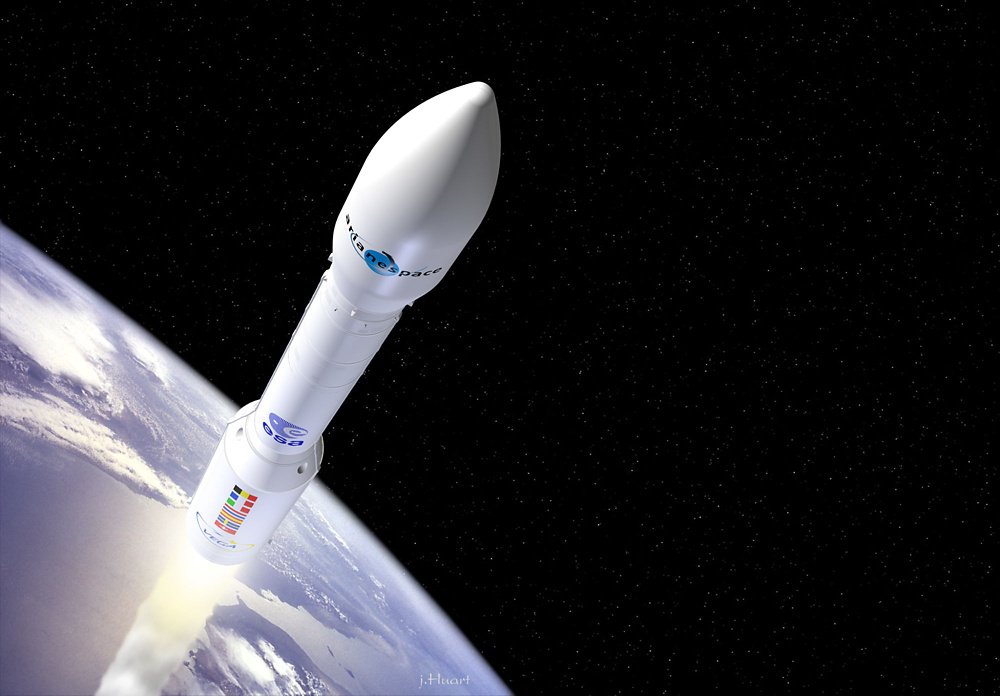 A representation of the Vega light-lift launch vehicle ascending from Earth.  