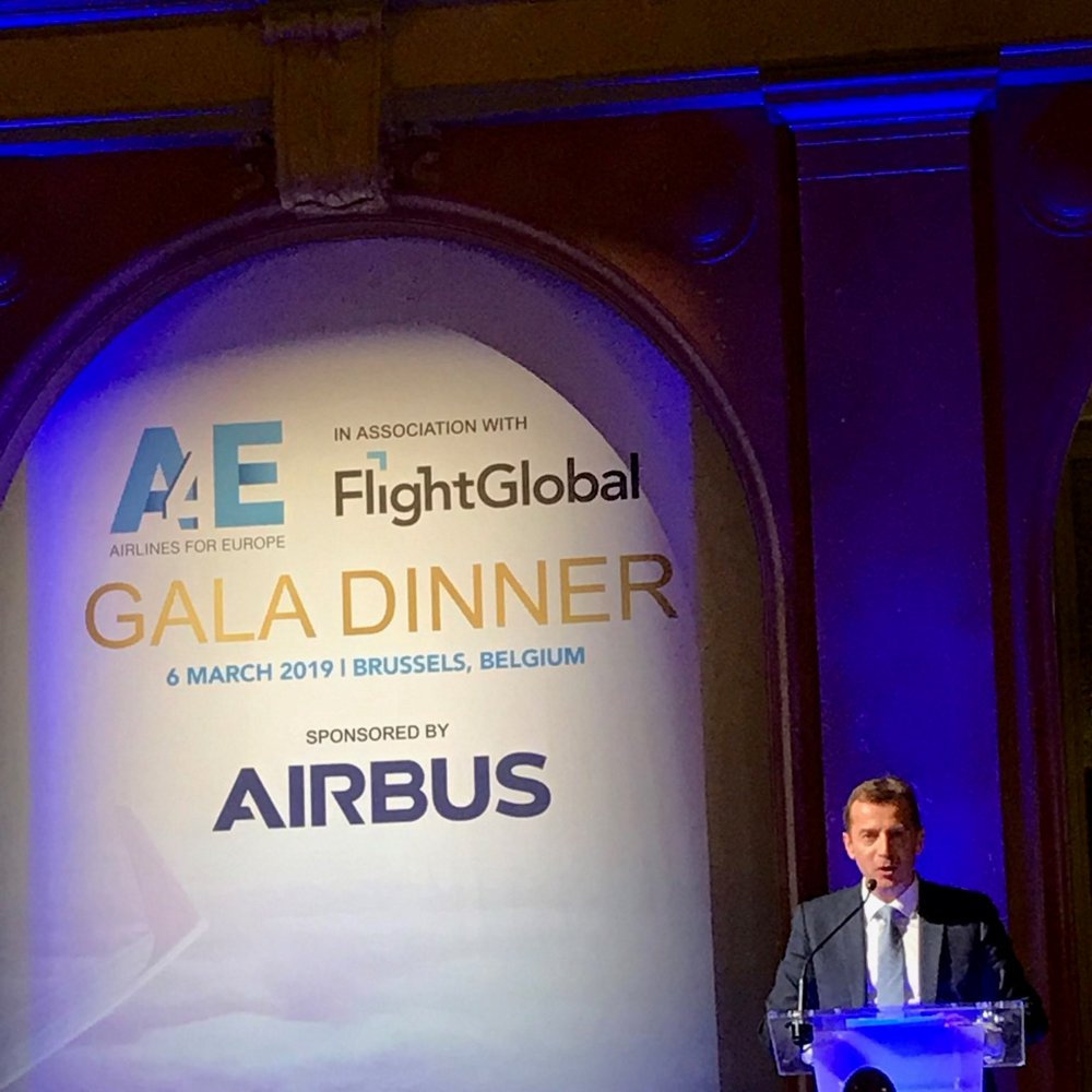 Guillaume Faury speaking at the Airlines 4 Europe (A4E) Aviation Summit Gala Dinner in Brussels, 06.03.2019