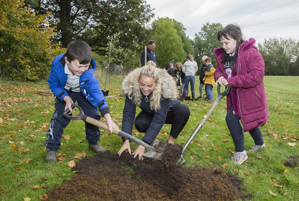 Pupils from Ysgol Derwenfa plant apple trees, sponsored by Airbus