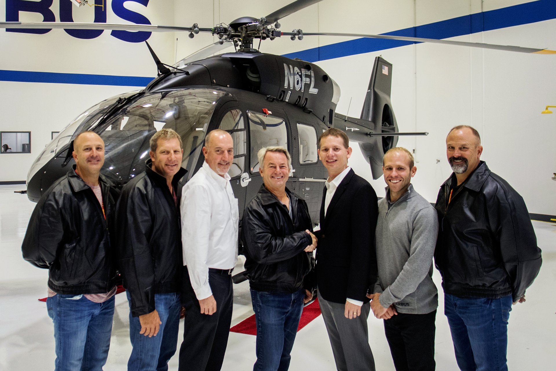 Airbus Helicopters, Inc.; Fred Luddy, founder of Service Now and SoCal Air Services; Romain Trapp, Airbus Helicopters, Inc. COO; Travis Tinsey, Airbus Helicopters, Inc.; Mike Hulsey. Copyright Diane Bond/Airbus Helicopters