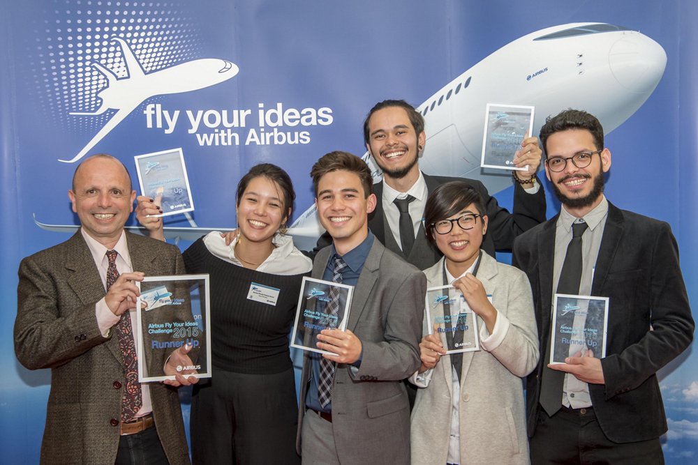 A group photo of Team Retrolley from the University of São Paulo, runners-up in Airbus’ 2015 Fly Your Ideas student challenge. 