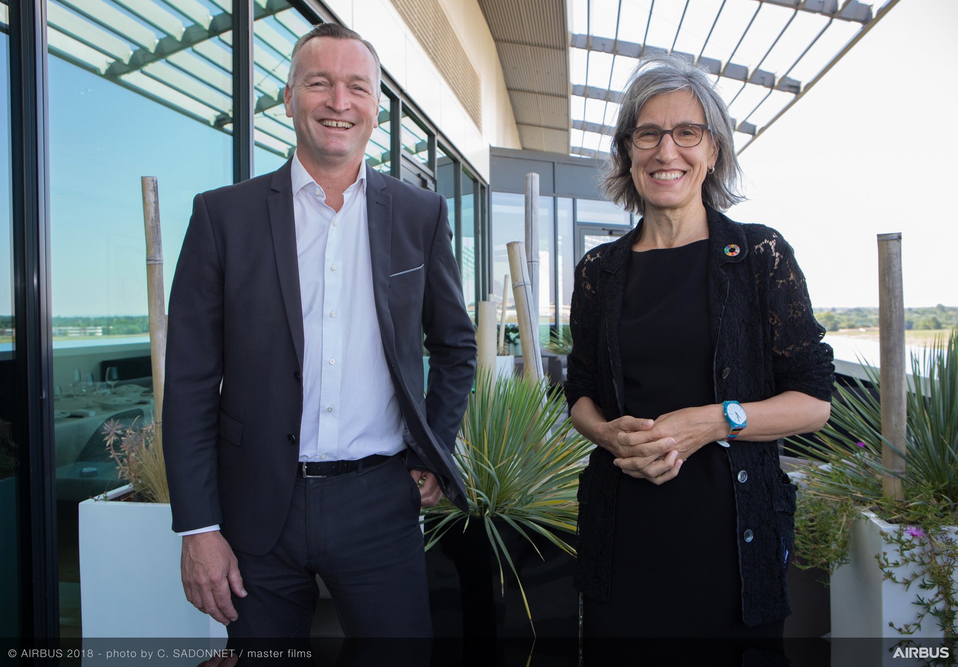At Airbus headquarters in Toulouse, France following signing of the renewed Fly Your Ideas student challenge partnership agreement between UNESCO are (from left to right): Marc Fontaine, Digital Transformation Officer, Airbus; and Flavia Schlegel, Assistant Director-General for Natural Sciences, UNESCO