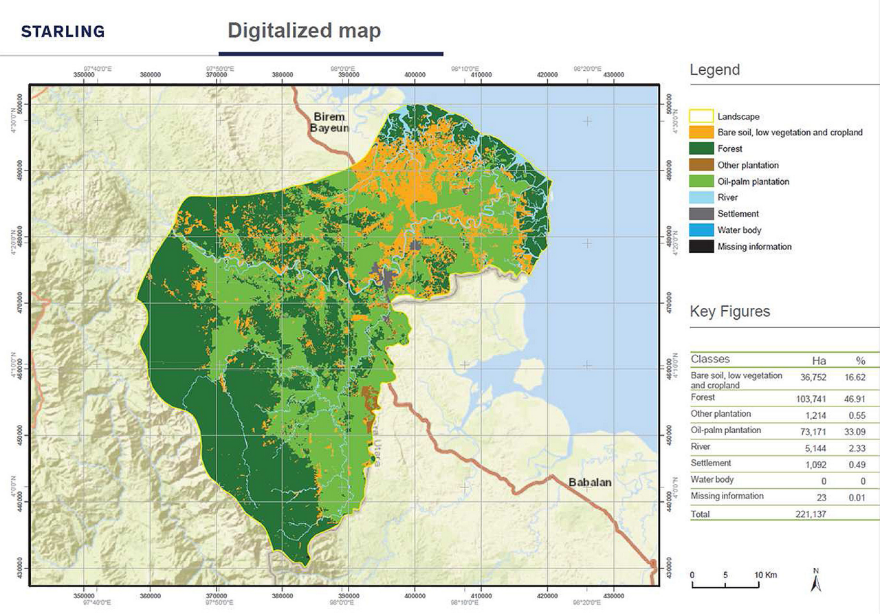 Constructed from a combination of Airbus SPOT satellite images and radar data, the Starling system creates high-resolution depictions of the landscape. Users can quickly compare images taken on different dates to easily spot changes in the landscape such as forest clearances that could indicate a new palm oil plantation. 