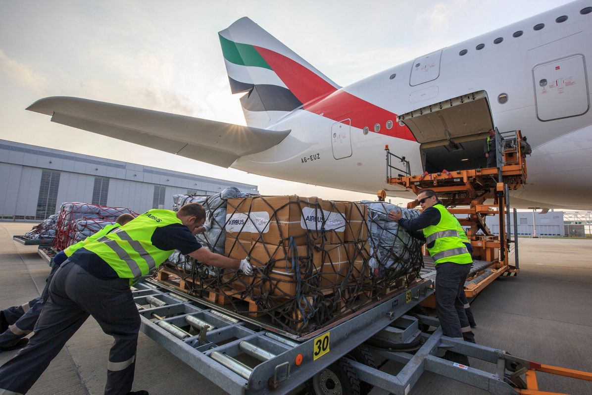 Emergency shelter items are loaded on board of an Emirates A380 flying from Hamburg to Dubai.