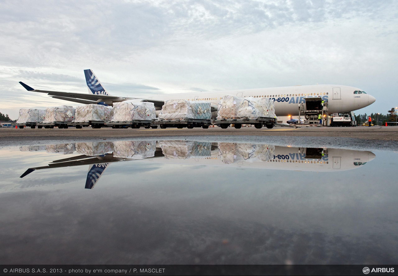 Relief supplies are ready for loading onto an Airbus A340-600 flight test aircraft.  