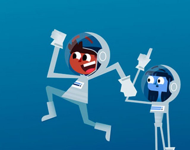 Cartoon characters of boy and girl in astronaut suits