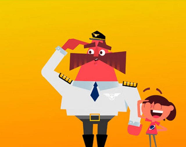 Cartoon characters of pilot and girl laughing