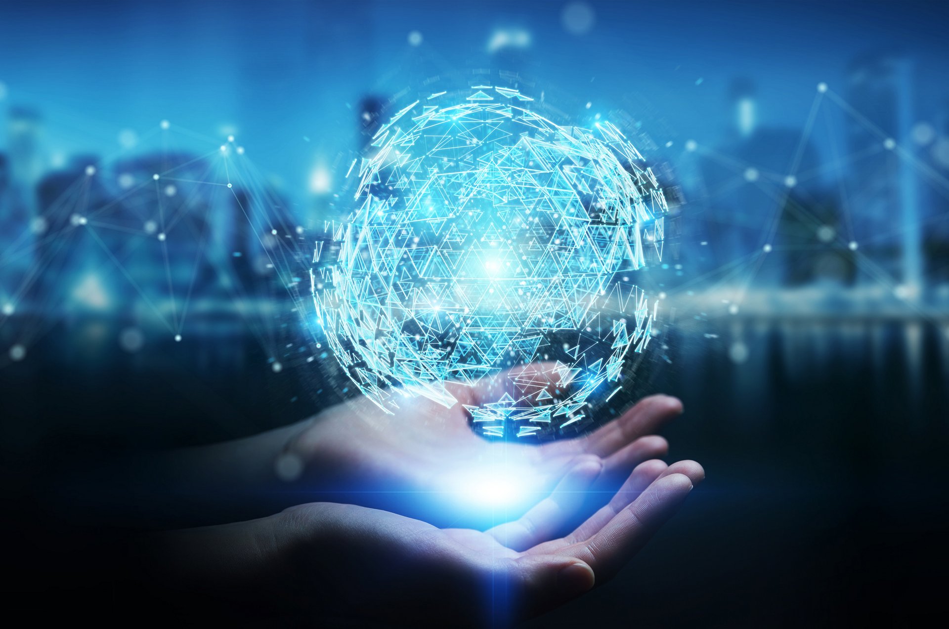 Businesswoman on blurred background using digital triangle exploding sphere hologram 3D rendering