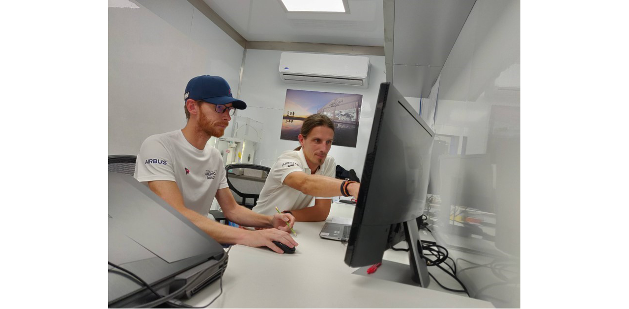 Airbus Engineers (Laurent DALBIES left and Llilian RONCERAY right) working at American Magic Base in Newport Rhode Island. 