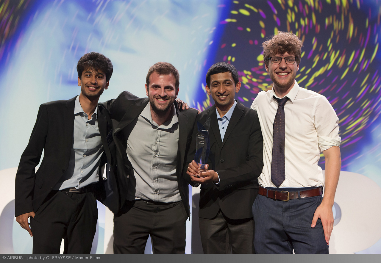 A group photo of Team “Zero” Heroes from Delft University of Technology, Netherlands, winners of Airbus’ Fly Your Ideas student competition for 2019.  