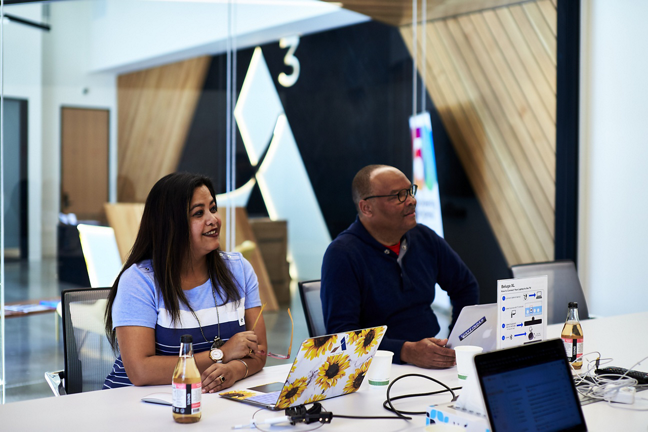 Two Acubed team members are shown at the Silicon Valley-based operation’s innovation centre.