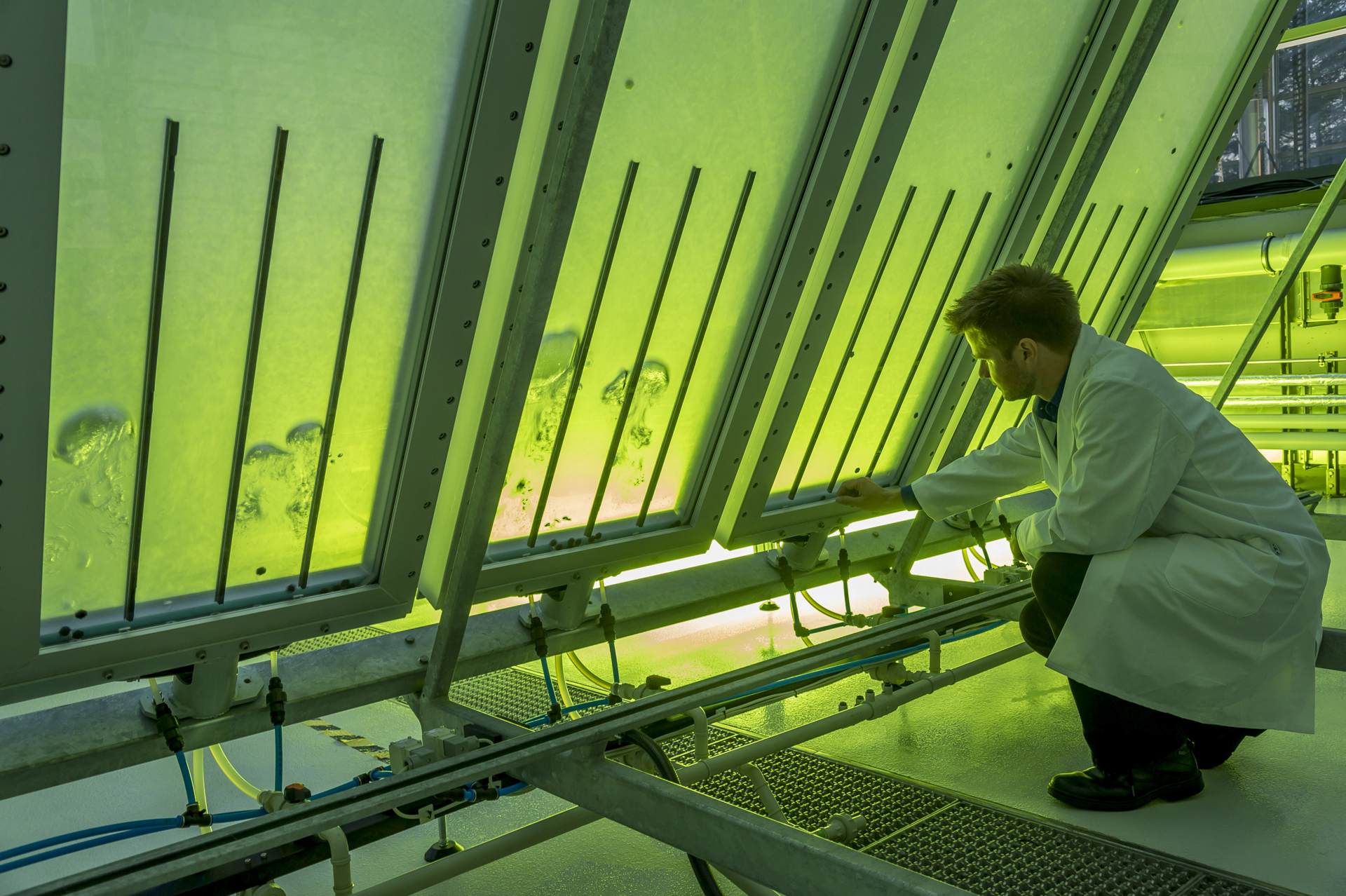 Research on biofuel from algae starts at Ludwig Bölkow Campus, uniting Technical University of Munich, Airbus Group & Partners. The 1,500 square meter building houses three areas for algae cultivation, as well as laboratory and office space. The building’s façade is comprised of special highly transparent glass that also lets ultraviolet light pass through while elaborate climate technology and additional LED lighting allows the simulation of light and climate conditions of practically any location on Earth. The strategy of Airbus Group Innovations is to focus the research of its partners on sustainable sources of biomass, as an example with micro-algae, which have emerged as one of the most promising sources of biofuels.