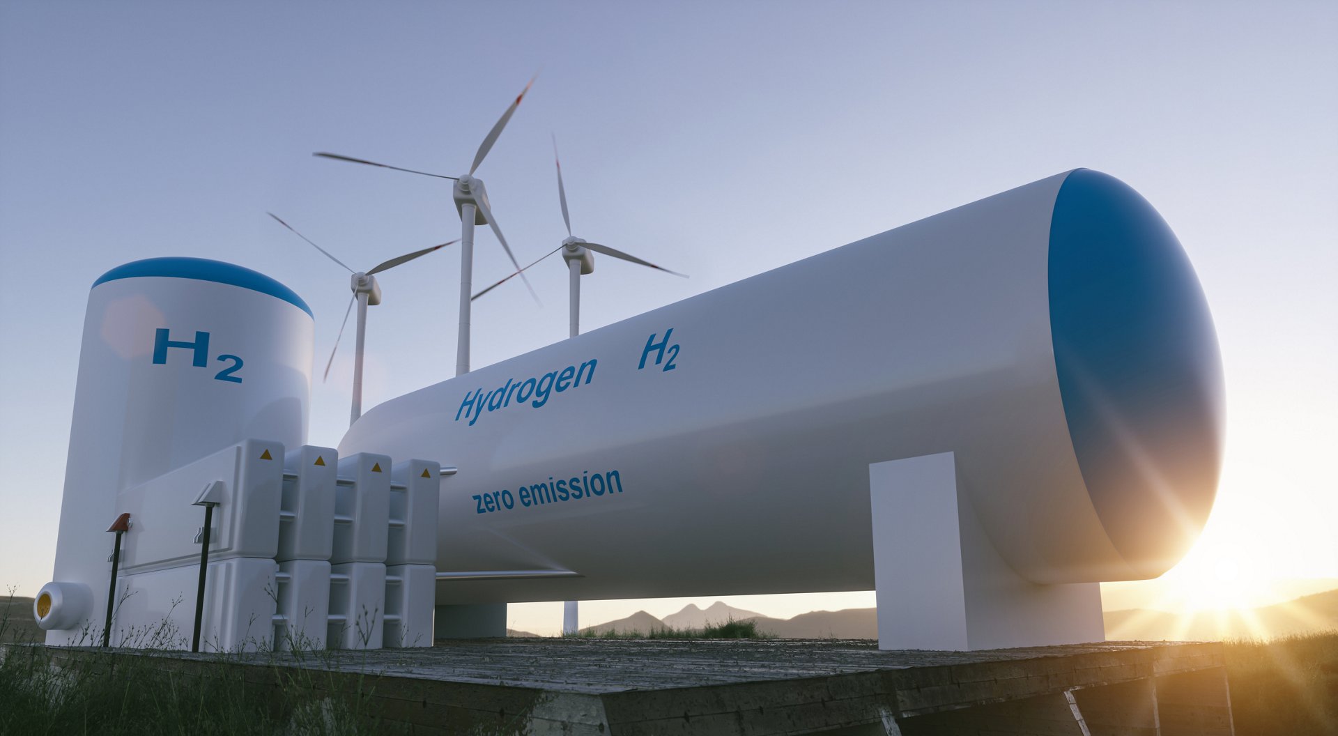 可再生氢能源生产——用于清洁电力、太阳能和风力涡轮机设施的氢气。3 d渲染。