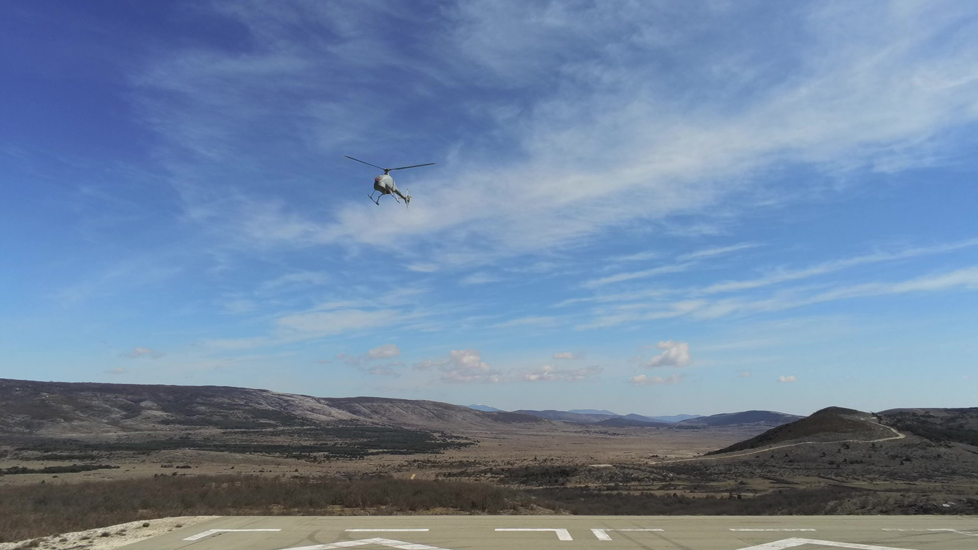 The Airbus VSR700 vertical takeoff/landing unmanned aerial vehicle is shown in the air during flight testing