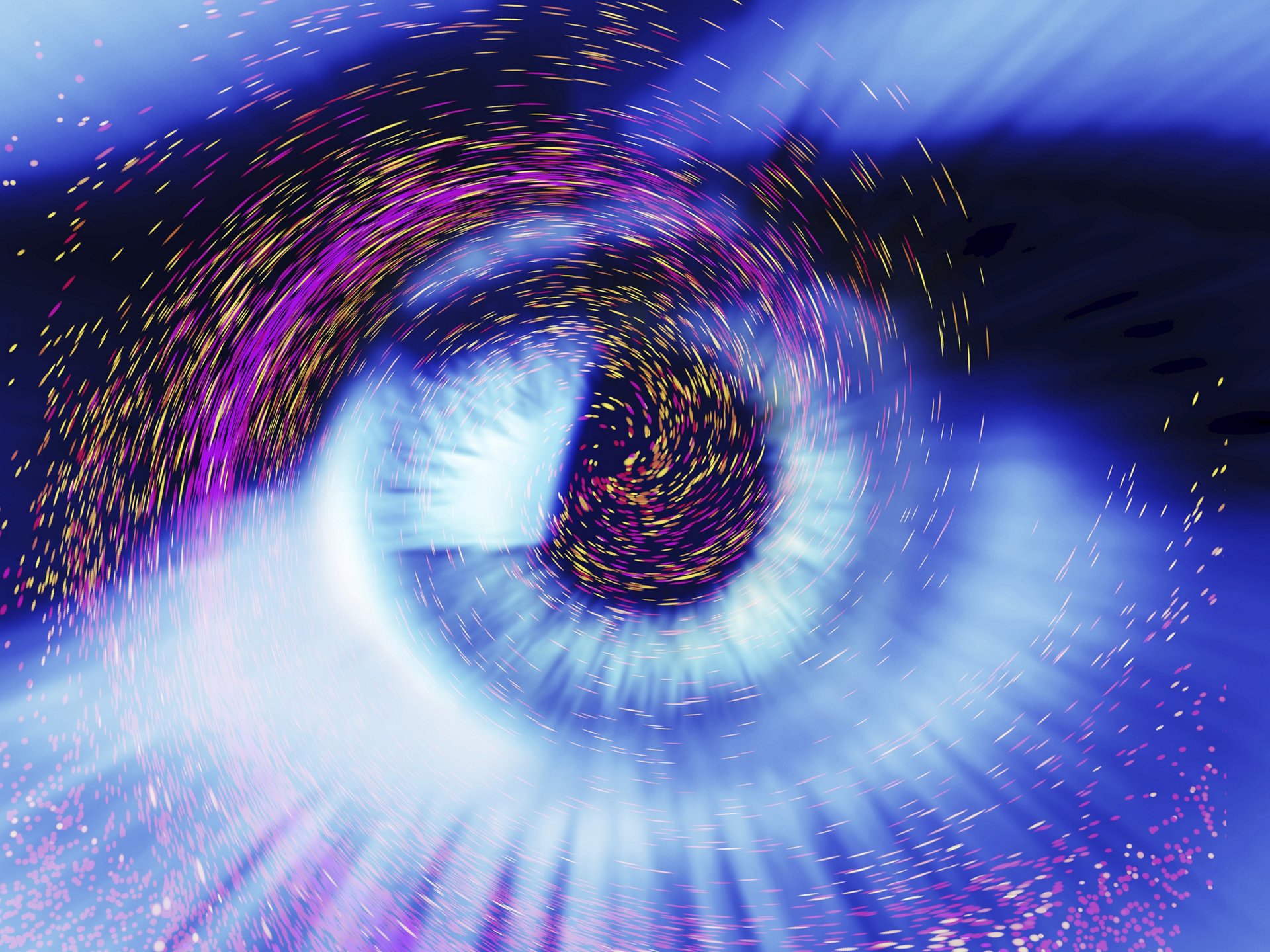 Photograph of a human eye overlaid computer artwork of colourful particles, depicting fantasy, imagination, dreaming, physics, light or stars.