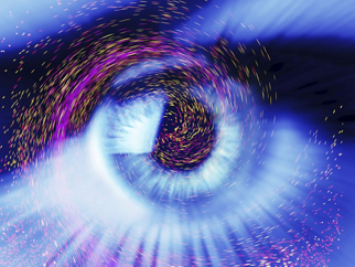 一张人类眼睛的照片叠加在彩色粒子的电脑艺术作品上，描绘幻想、想象、做梦、物理、光或星星。