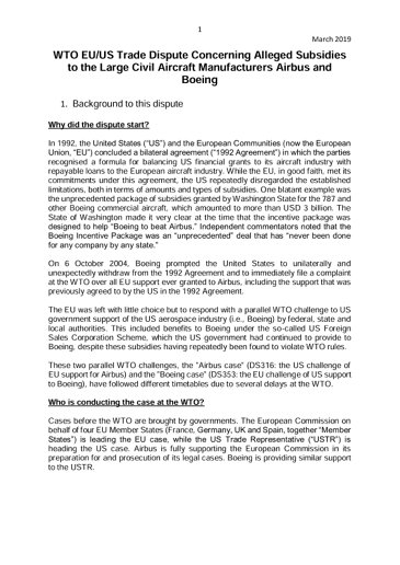 WTO EU/US Trade Dispute Concerning Alleged Subsidies to the large Civil Aircraft Manufacturers Airbus and Boeing