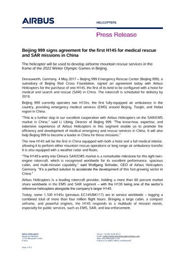 Beijing 999 signs agreement for the first H145