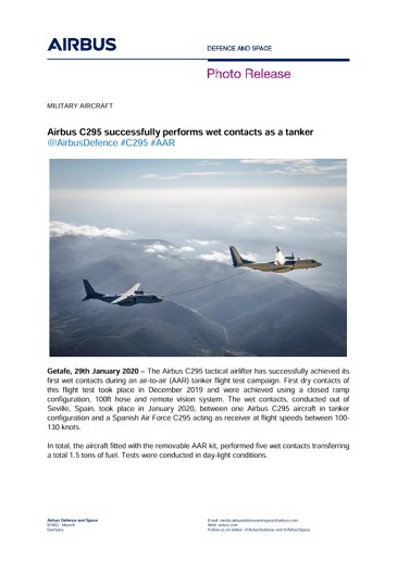 Airbus C295 successfully performs wet contacts as a tanker