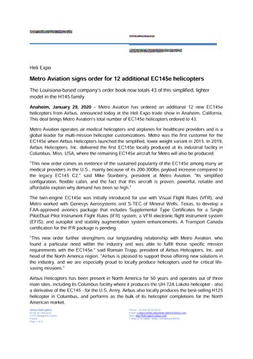 Metro Aviation signs order for 12 additional EC145e helicopters 