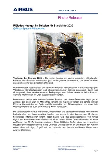 Pléiades Neo gut im Zeitplan für Start Mitte 2020