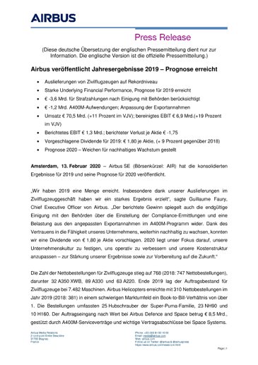 Airbus veröffentlicht Jahresergebnisse 2019 – Prognose erreicht