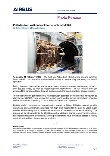 Pléiades Neo well on track for launch mid-2020