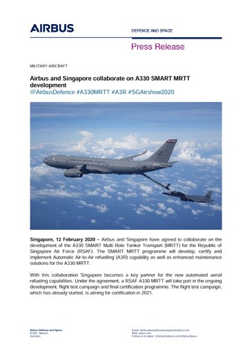 Airbus and Singapore collaborate on A330 SMART MRTT development