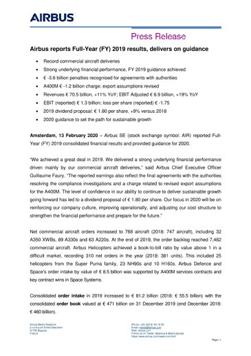 Airbus reports Full-Year (FY) 2019 results, delivers on guidance