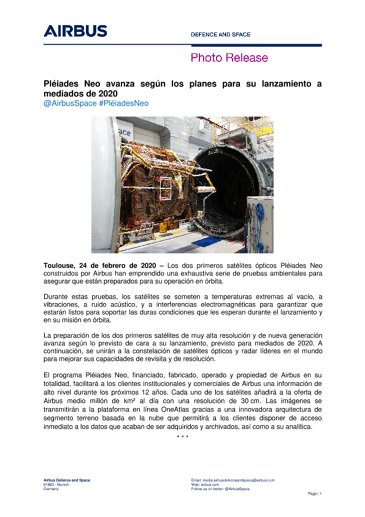 Pléiades Neo avanza según los planes para su lanzamiento a mediados de 2020