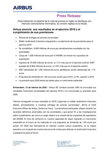 Airbus anuncia sus resultados en el ejercicio 2019 y el cumplimiento de sus previsiones