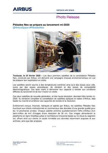 Pléiades Neo se prépare au lancement mi-2020