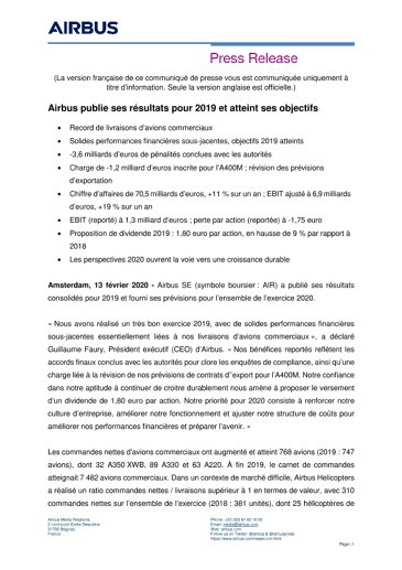 Airbus publie ses résultats pour 2019 et atteint ses objectifs