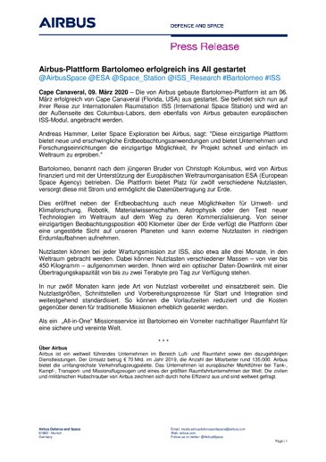 Airbus-Plattform Bartolomeo erfolgreich ins All gestartet
